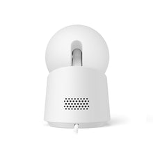 Indoor security camera base with speaker grille and upright dome camera