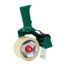 Clear acrylic tape roll dispenser with red release and green handle