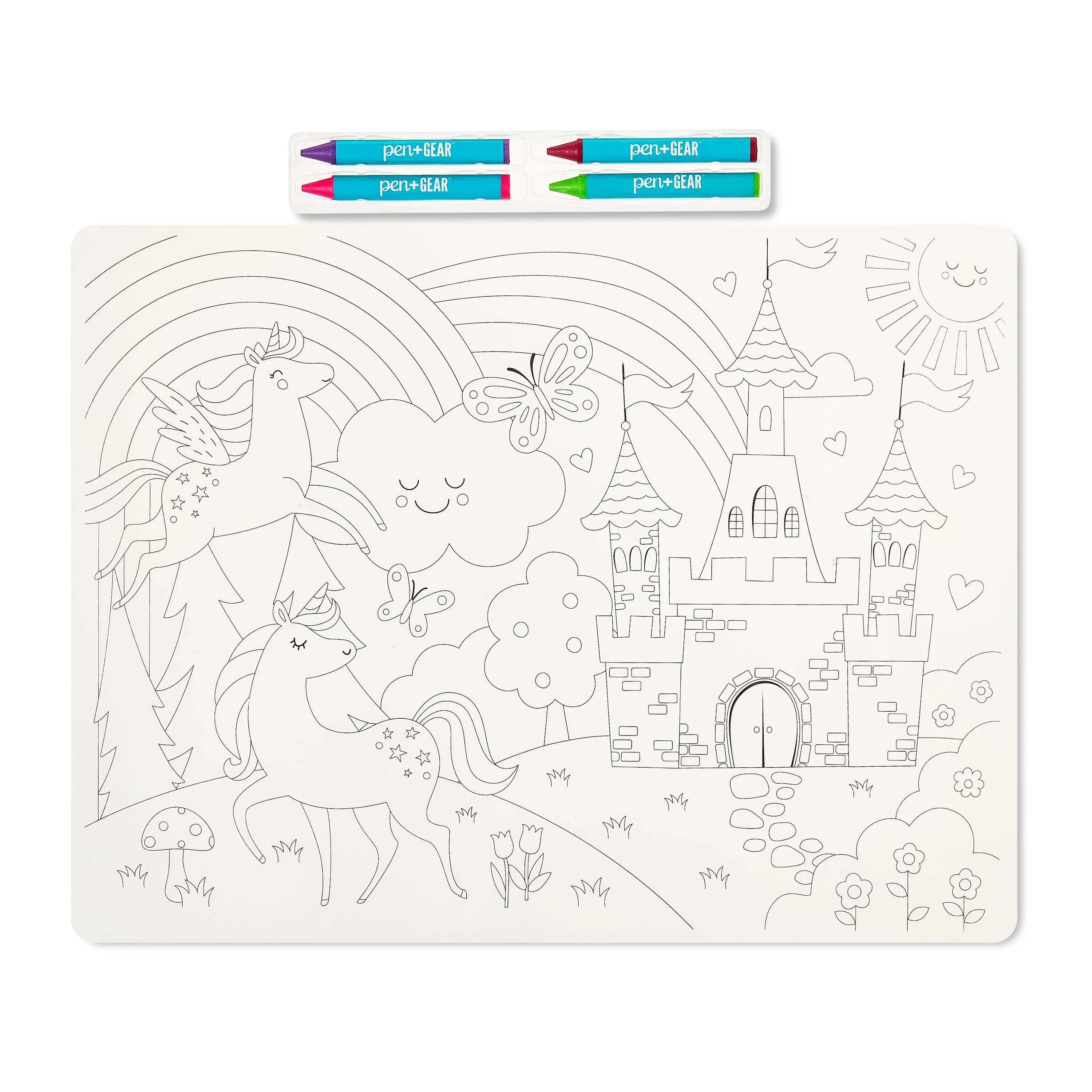 Pen+Gear Washable Fairytale Coloring Placemat Kit with 4 Crayons, Black and White - USA MEGA SHOP