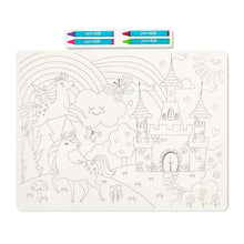 Black-and-white fairytale coloring placemat with unicorn, rainbow, clouds and castle design