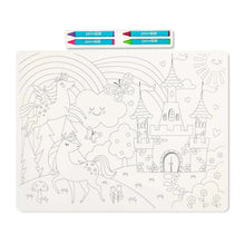 Fairytale black-and-white coloring placemat with unicorn, castle, and rainbow arcs