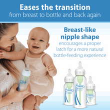 Breast-like shaped narrow baby bottle nipple, clear silicone, supports natural latch