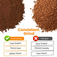 Coffee grinder burr comparison showing fine, even coffee grounds for a conical burr