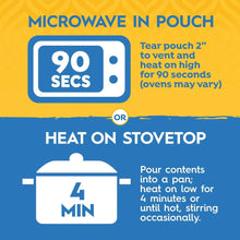 Microwave and stovetop heating instructions for rice pouch, including 90 seconds and 4 minutes