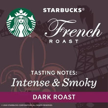 Starbucks French roast dark roast coffee pods box front with tasting notes text