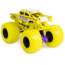 Yellow monster truck toy with purple accents and oversized treaded tires