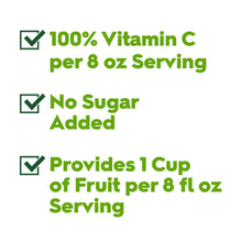 Juice label text: 100% Vitamin C, no sugar added, provides 1 cup fruit per 8 fl oz