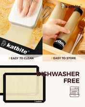 Folded silicone baking mat with black logo, tan textured surface for storage