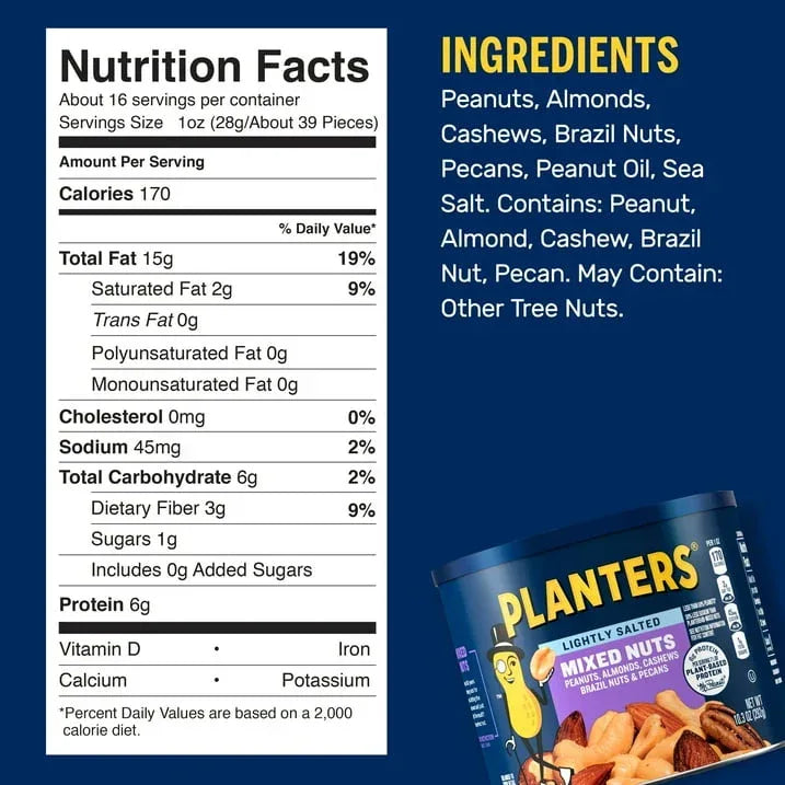 Planters Lightly Salted Mixed Nuts with Peanuts, Almonds, Cashews, Hazelnuts and Pecans, Plant Based Protein, 10.3 oz Canister