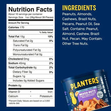 Planters nutrition facts and ingredients panel with mixed nuts can corner