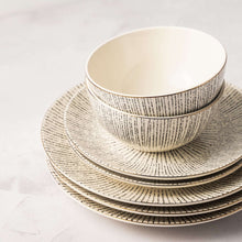 Ceramic dinner plate stack with matching black speckled radial pattern