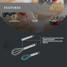 Silicone whisk set with three whisks, stainless handles and dark, light, teal loops