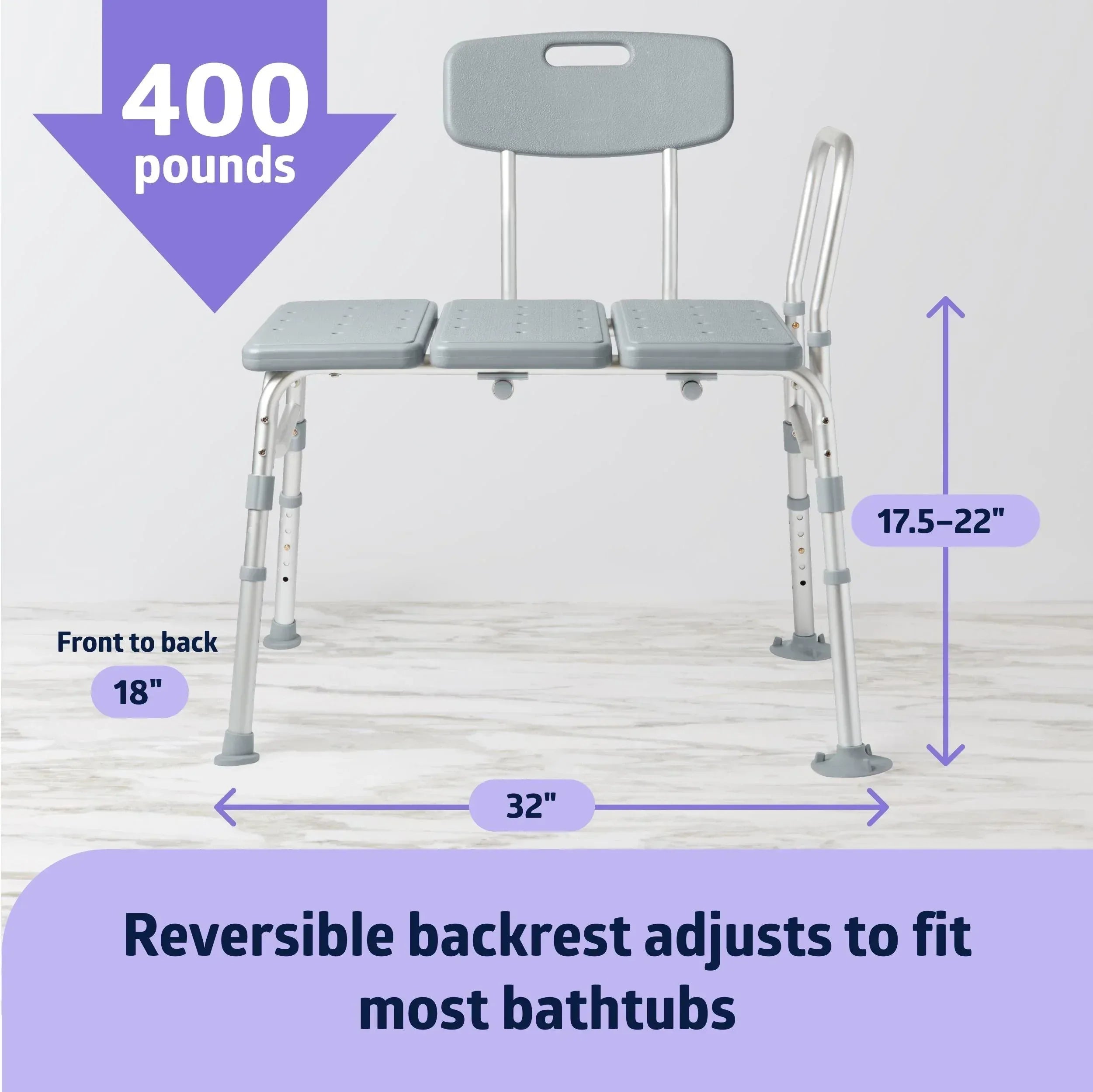 Medline Shower and Bathtub Chair Transfer Bench, Sturdy, 400 lb Weight Capacity, Aluminum, Gray