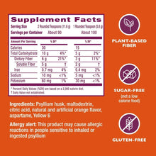Sugar-free fiber supplement facts panel with ingredients and gluten-free icon