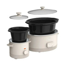 Two-piece slow cooker set with removable lid, black inner pot and beige outer body