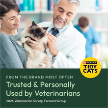 Purina Tidy Cats promotional banner featuring a veterinarian and a cat being held.