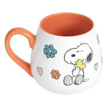White ceramic mug with orange rim and handle, Peanuts Snoopy mother/baby with hearts and blue flower