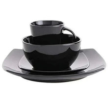 Black square dinnerware set with cup, bowl, and plate stacked