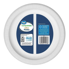 10 in compostable paper plates, white underside with barcode and Great Value label