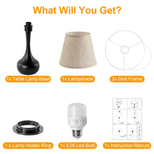 Table lamp kit with black base, beige fabric shade, E26 LED bulb, and mounting ring.