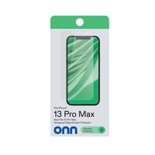 Tempered glass screen protector retail package with protective film over phone screen