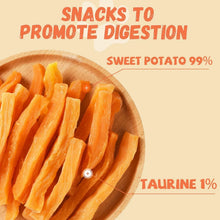 Sweet potato dog treat strips in wooden bowl, orange chews