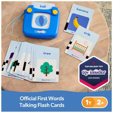 Blue talking flash card reader with word picture cards including ball and tree