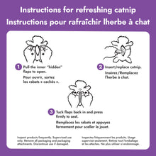 Catnip refresh instructions card with three numbered steps for refilling toy