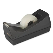Desktop tape dispenser, black base with white tape roll and metal cutting bar
