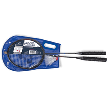 Packaged 2-player badminton racket set with two rackets and two shuttlecocks