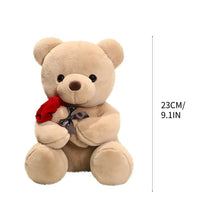 Cream teddy bear plush with red rose and gray bow, 23 cm size