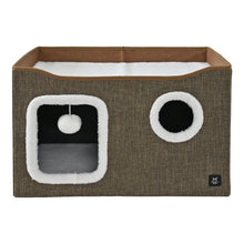 Member’s Mark brown collapsible cat condo with plush-lined openings and hanging ball