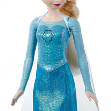 Elsa doll in long light blue glitter gown with silver necklace detail, standing pose