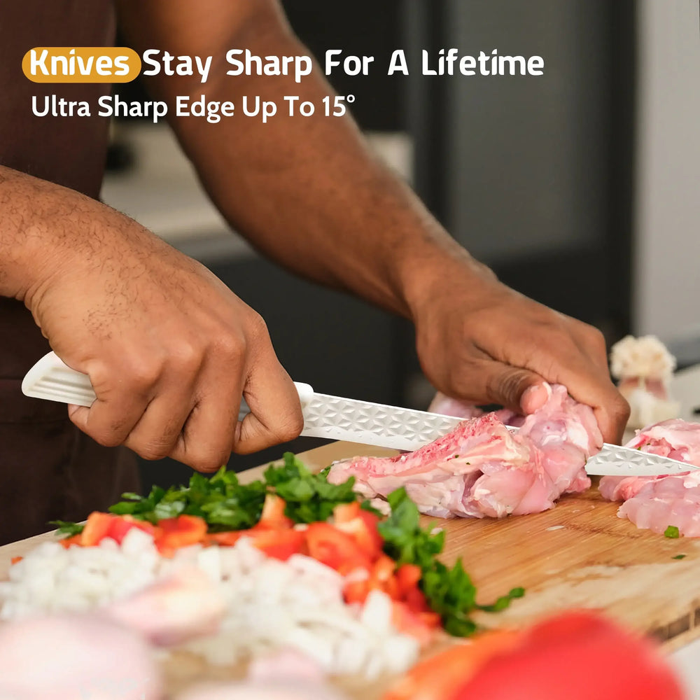 Joyfair Kitchen Knife Set, 7 Pcs Stainless Steel White Knives Block Set for Chef, Super Sharp Professional Knife Set with Universal Knife Block for Home Restaurant, Non-Stick & Anti-Rust - USA MEGA SHOP