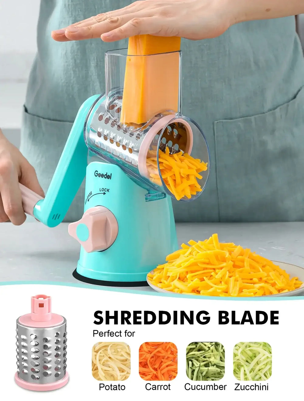 Geedel Rotary Cheese Grater, Kitchen Grater Vegetable Slicer with 3 Interchangeable Blades, Powerful Suction, Dishwasher Safe, Easy to Clean Grater for Vegetable, Fruit, Nuts - USA MEGA SHOP