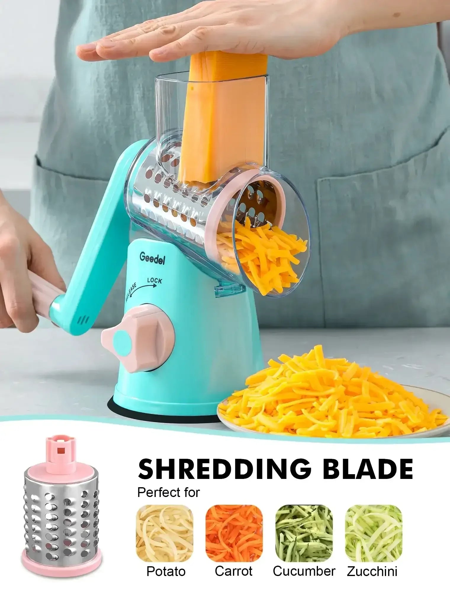 Geedel Rotary Cheese Grater, Kitchen Grater Vegetable Slicer with 3 Interchangeable Blades, Powerful Suction, Dishwasher Safe, Easy to Clean Grater for Vegetable, Fruit, Nuts