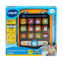 VTech Discover & Learn Tablet box with Try Me slide and bilingual learning icons