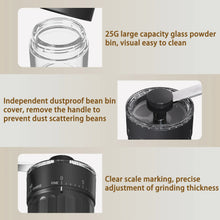 Glass grounds container with black lid and clear scale markings on coffee grinder