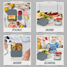 Stainless steel lunch container set with grey silicone lids shown in picnic, home, work, and school