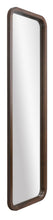 Full view of walnut-framed vertical wall mirror with rounded corners
