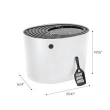 White round top-entry cat litter box size diagram with black scoop