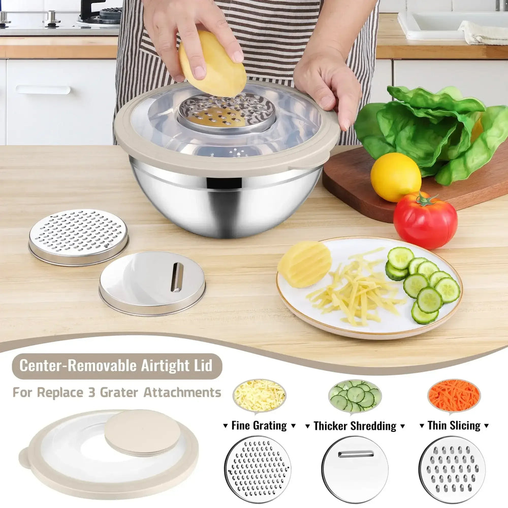 Vesteel Mixing Bowls with Lids Set of 8, Stainless Steel Prep Bowls with Upgraded Airtight Visible Lid, Metal Nesting Bowl Attach with 3 Graters for Kitchen Grating/ Shredding / Mixing - USA MEGA SHOP