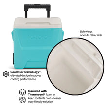 Aqua hard-sided cooler with white lid open and insulated interior view