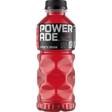 Powerade sports drink bottle, red with black label and black cap.