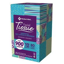 Facial tissue box in teal with purple label and striped side panels
