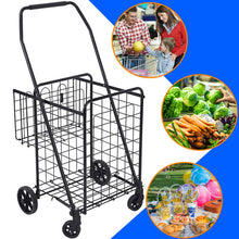 Black folding shopping cart with wire basket and four wheels
