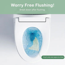 Flushable wet wipes for toilet use shown with toilet bowl and blue water graphic.