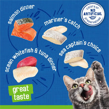 Wet cat food variety pack box panel with mariner's catch, ocean whitefish & tuna dinner