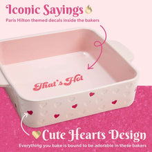Pink square baker dish with 'That's Hot' logo and scattered red heart accents