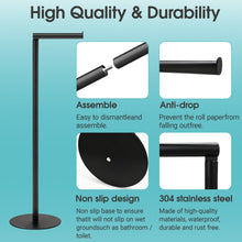 Black toilet paper holder stand with vertical post and circular base